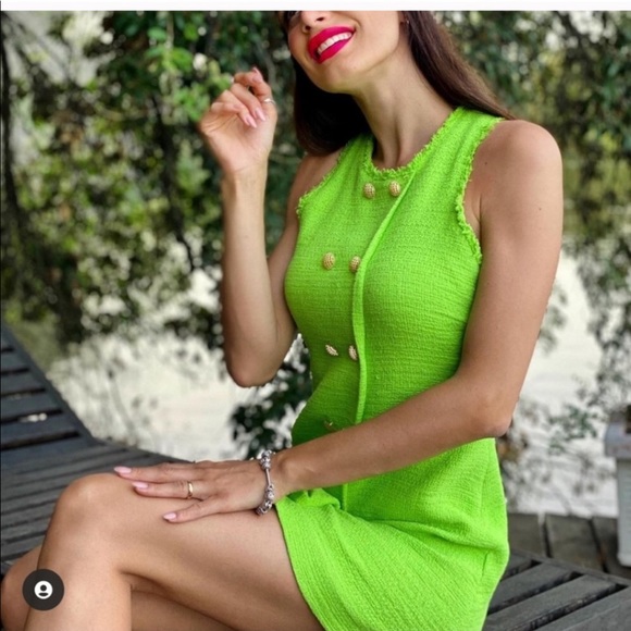 Zara Lime Green Tweed Dress - Picture 5 of 10